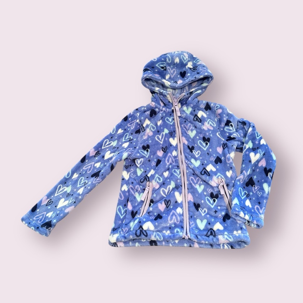 Lands' End Girls Heart-Print Fleece Hoodie Jacket in Lavender Blue Sz Medium